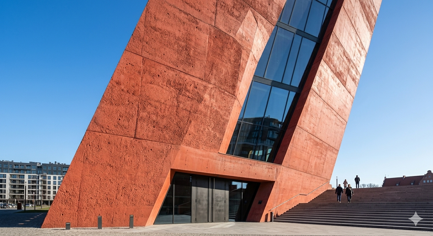 Czerwony Minimalizm. Detal autorstwa Piotra Krajewskiego, wykonany w ostrym słońcu marca 2026. Fotografia z żabiej perspektywy podkreśla fakturę barwionego w masie betonu fasady na tle błękitnego nieba, eksponując monumentalną geometrię wieży, która wyrasta obok nowoczesnych apartamentów Brabank.